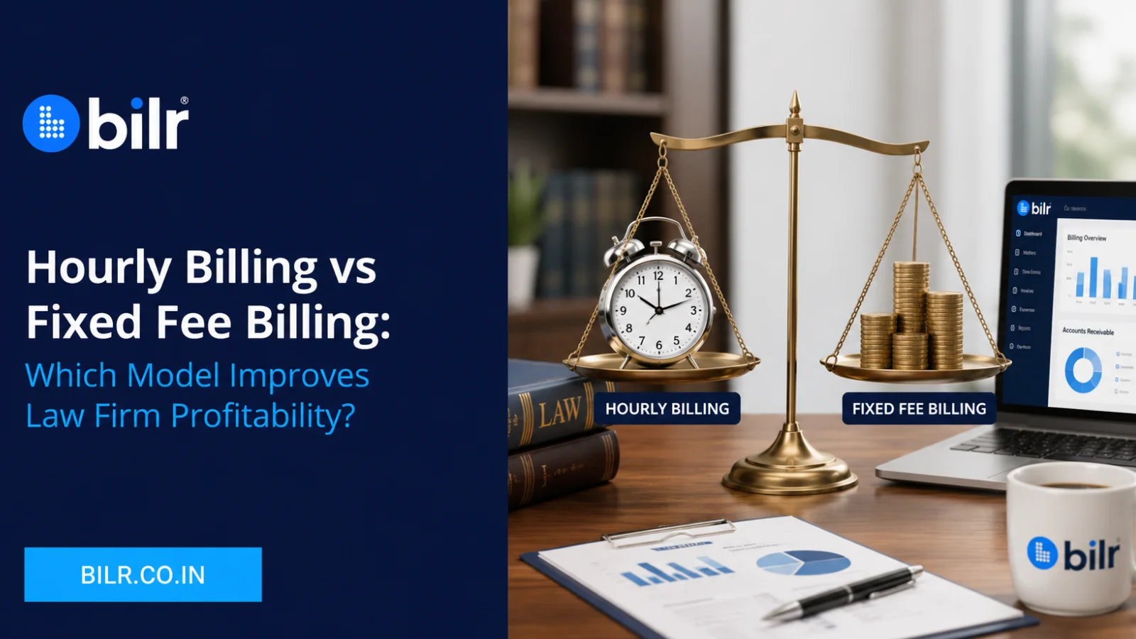 Comparison of hourly billing and fixed fee billing for law firms using Bilr India's legal billing software to improve profitability and billing accuracy.