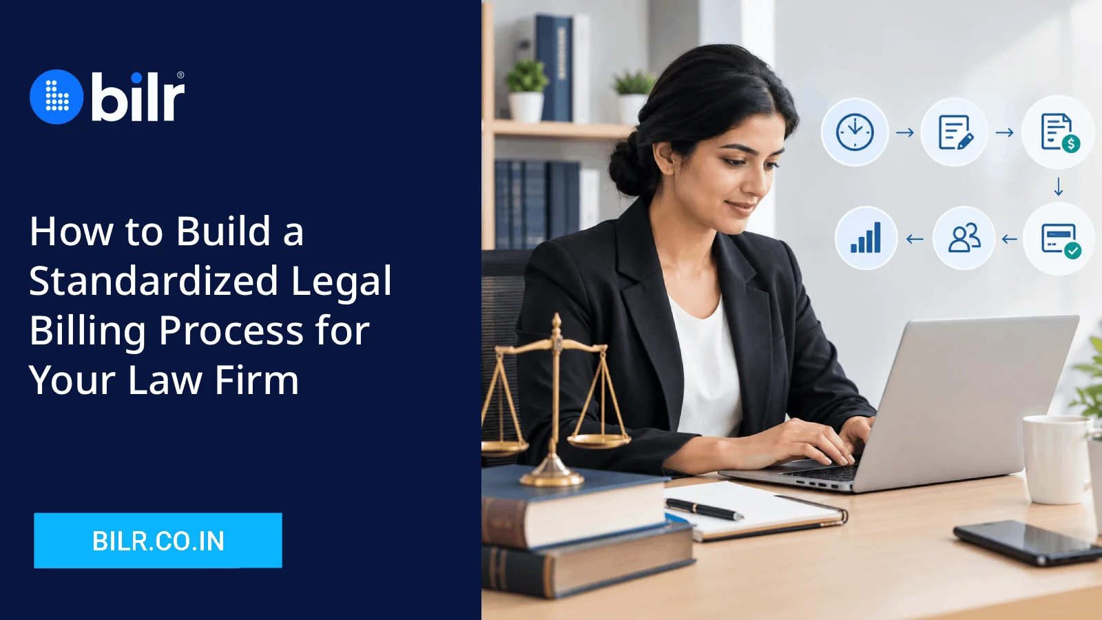Standardized legal billing process using Bilr India legal billing software for law firms with time tracking, invoicing, and payment management.